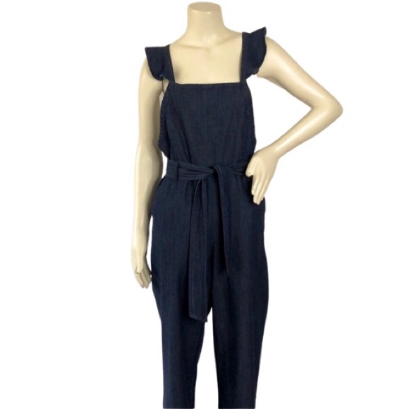 JOIE Ruffle Sleeve Backless Tie Waist Wide‎ Leg Denim Jumpsuit w/ Pockets Sz 4 - Picture 2 of 13
